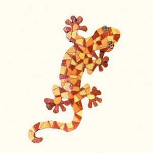 Gecko de Provence — œuvre en mosaïque sur fond ivoire